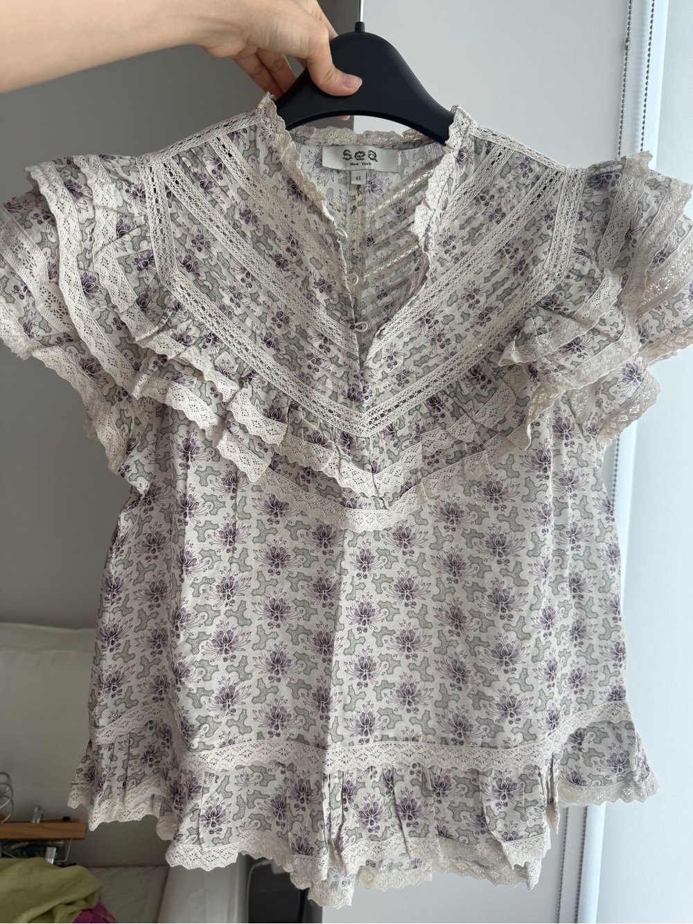 Sea New York Cream Blouse with Lavender Floral Print and Lace Ruffles